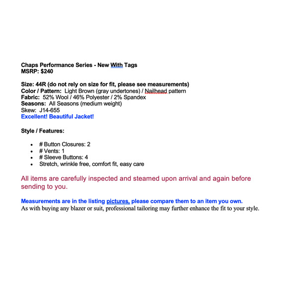 New Chaps Performance 44R Light Brown Nealhead Blazer Jacket Stretch Comfort - Picture 7 of 14